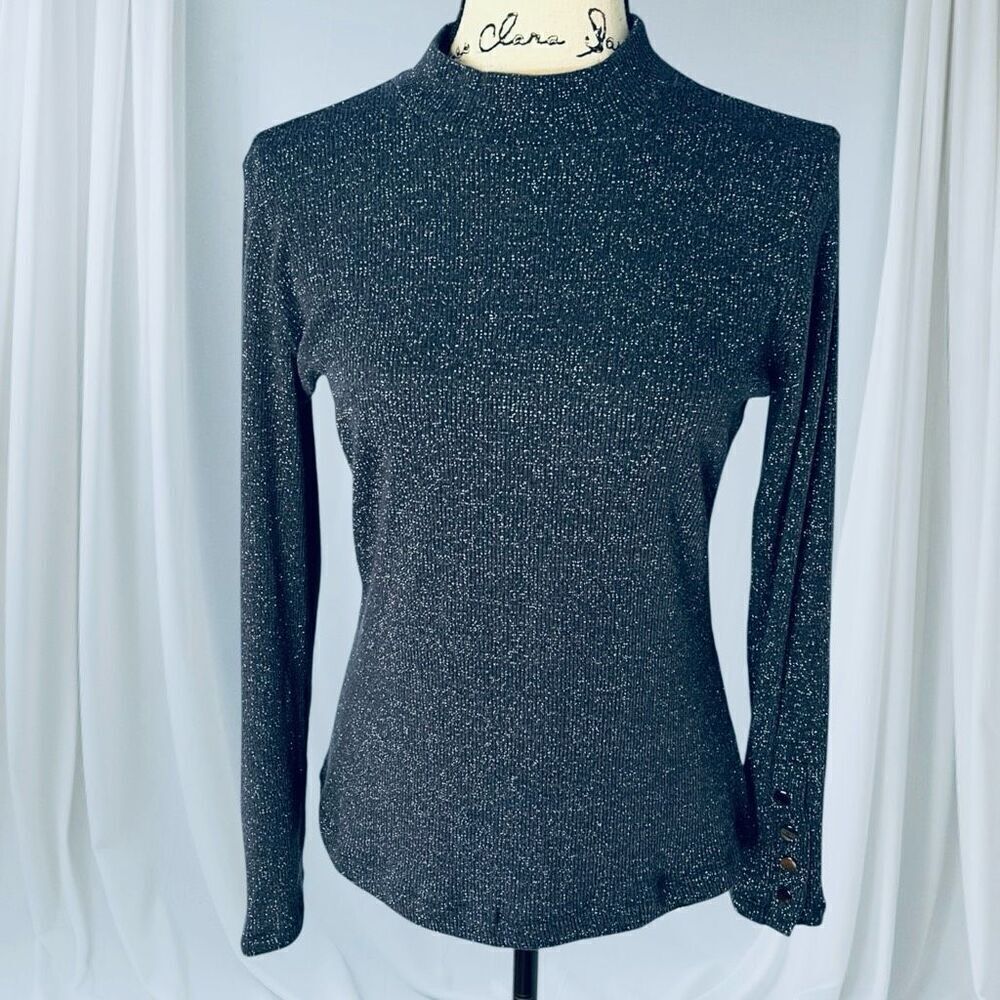 Violets & Roses Women’s S Metallic Long Sleeve Mock Neck Pullover Top in Night S
